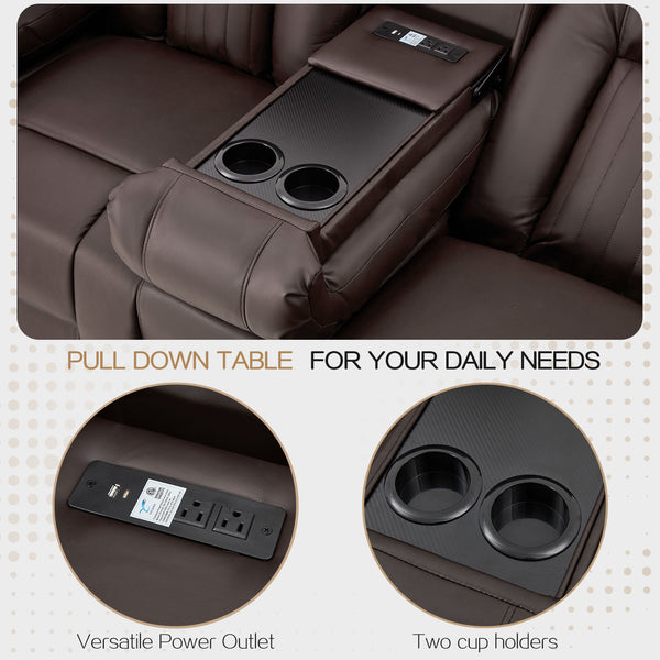 YODOLLA Reclining Sofa with 2 Console&Bluetooth Speakers, Manual RV Recliner Couch with USB Ports&4 Cup Holders, 2 Side Pockets Recliners on Clearance Home Theater Seating, Fuax Leather, Brown