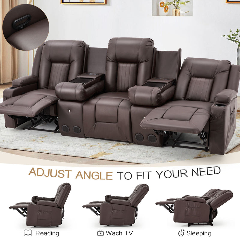 YODOLLA Reclining Sofa with 2 Console&Bluetooth Speakers, Manual RV Recliner Couch with USB Ports&4 Cup Holders, 2 Side Pockets Recliners on Clearance Home Theater Seating, Fuax Leather, Brown