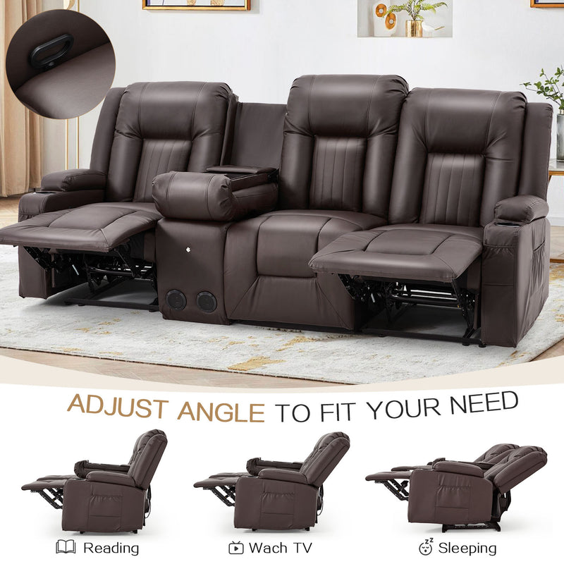 YODOLLA Reclining Sofa with Console&Bluetooth Speakers, Manual RV Recliner Couch with USB Ports&4 Cup Holders, 2 Side Pockets Recliners on Clearance Home Theater Seating, Fuax Leather, Brown