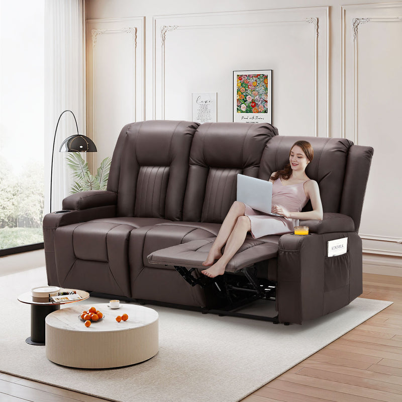 YODOLLA Manual Reclining Sofa with Cup Holders&Side Pockets, PU Leather Home Theater Seating, 3 Seat Recliner Chair for Adults-Brown