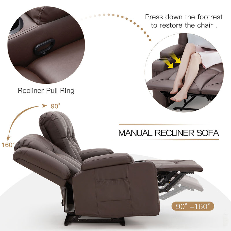 YODOLLA Manual Reclining Sofa with Cup Holders&Side Pockets, PU Leather Home Theater Seating, 3 Seat Recliner Chair for Adults-Brown