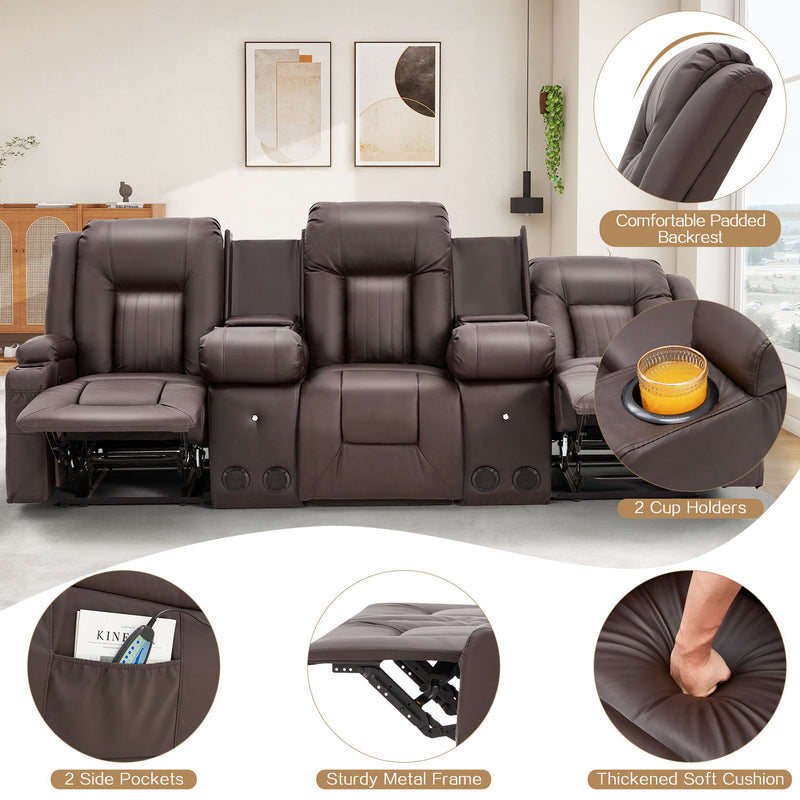 YODOLLA Reclining Sofa with 2 Console&Bluetooth Speakers, Manual RV Recliner Couch with USB Ports&4 Cup Holders, 2 Side Pockets Recliners on Clearance Home Theater Seating, Fuax Leather, Brown