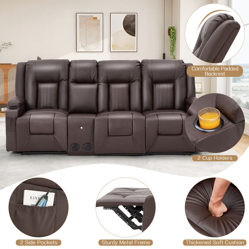YODOLLA Reclining Sofa with Console&Bluetooth Speakers, Manual RV Recliner Couch with USB Ports&4 Cup Holders, 2 Side Pockets Recliners on Clearance Home Theater Seating, Fuax Leather, Brown