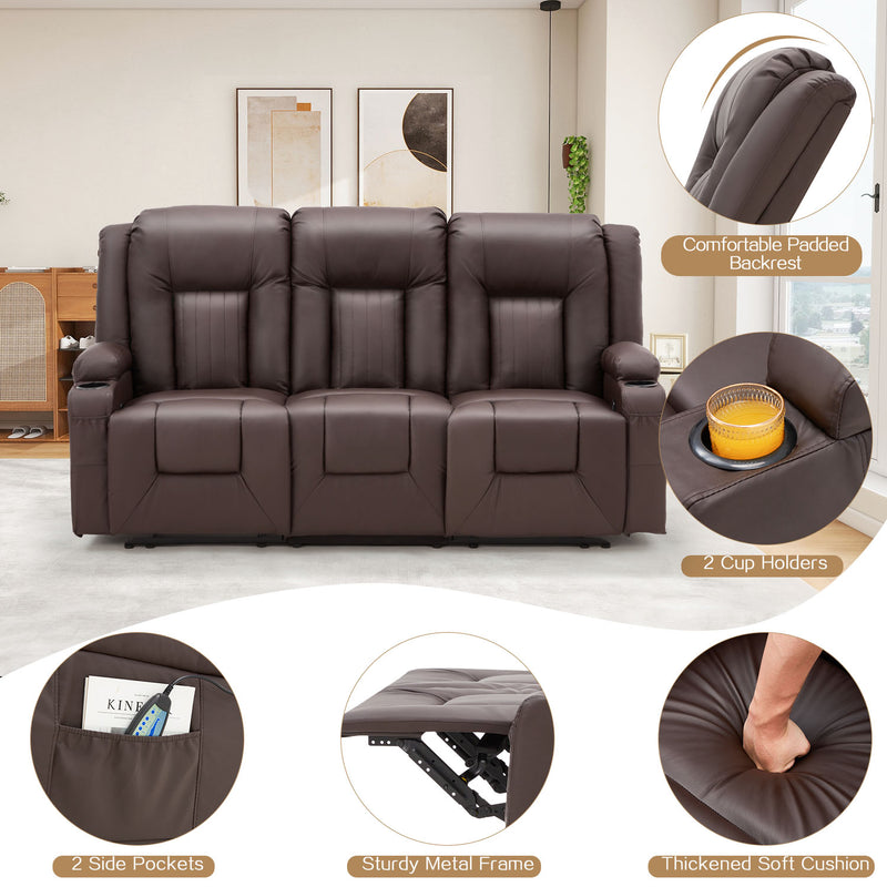 YODOLLA Manual Reclining Sofa with Cup Holders&Side Pockets, PU Leather Home Theater Seating, 3 Seat Recliner Chair for Adults-Brown