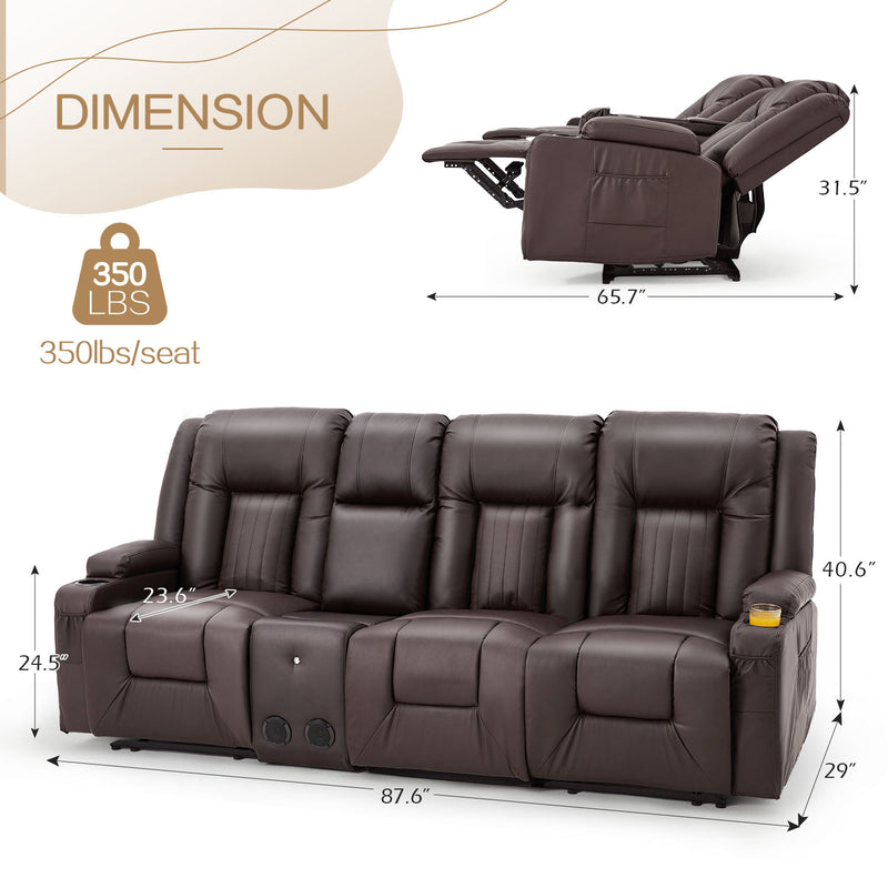 YODOLLA Reclining Sofa with Console&Bluetooth Speakers, Manual RV Recliner Couch with USB Ports&4 Cup Holders, 2 Side Pockets Recliners on Clearance Home Theater Seating, Fuax Leather, Brown