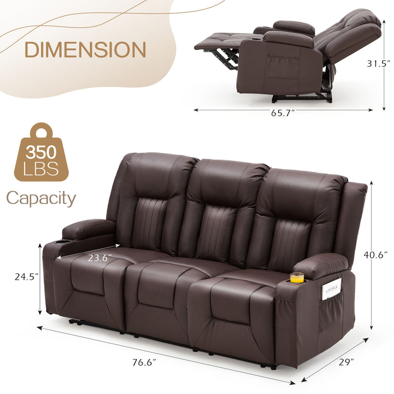 YODOLLA Manual Reclining Sofa with Cup Holders&Side Pockets, PU Leather Home Theater Seating, 3 Seat Recliner Chair for Adults-Brown