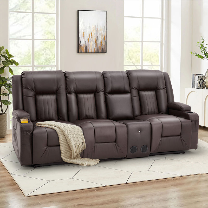 YODOLLA Reclining Sofa with Console&Bluetooth Speakers, Manual RV Recliner Couch with USB Ports&4 Cup Holders, 2 Side Pockets Recliners on Clearance Home Theater Seating, Fuax Leather, Brown