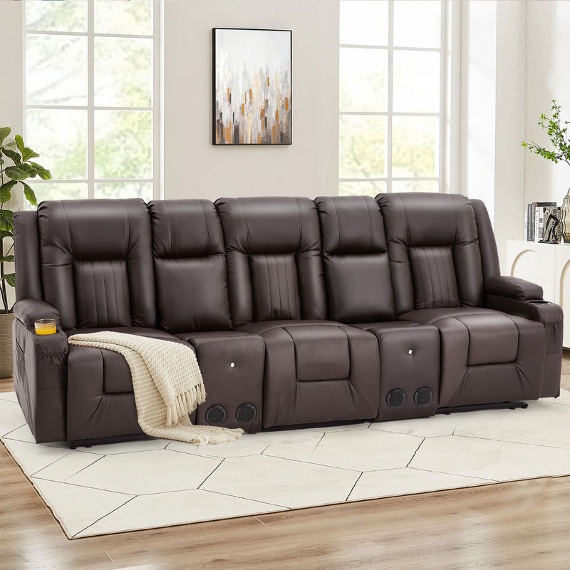 YODOLLA Reclining Sofa with 2 Console&Bluetooth Speakers, Manual RV Recliner Couch with USB Ports&4 Cup Holders, 2 Side Pockets Recliners on Clearance Home Theater Seating, Fuax Leather, Brown