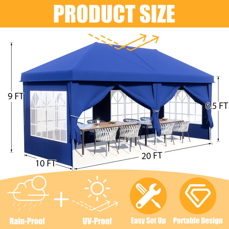 AVAWING 10 x 20 Canopy Tents with Sidewalls Popup Patio Wedding Gazebo Folding Tents for Camping Instant Tent for Parties, Waterproof, Blue