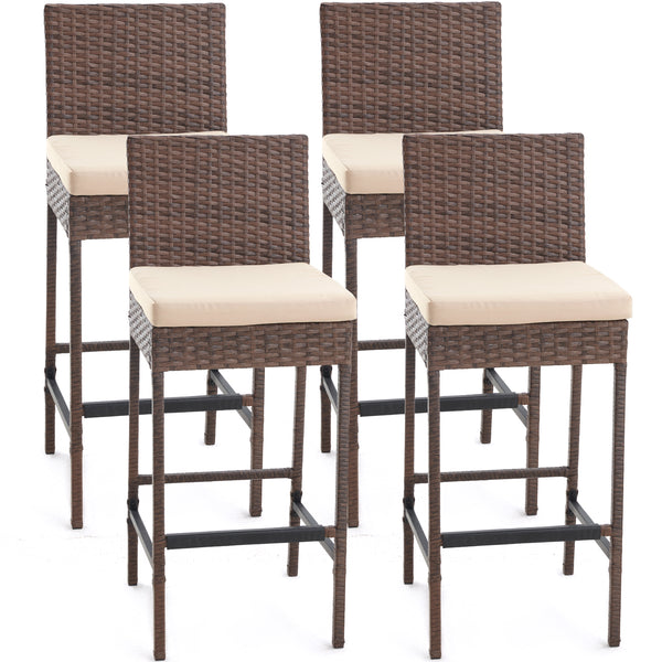 AVAWING Wicker Bar Height Chairs Set of 4, Patio Rattan Bar Stools Counter Height with Cushion