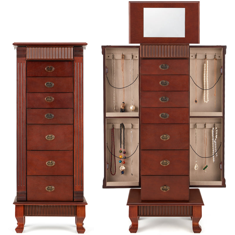 AVAWING Standing Jewelry Cabinet Armoire with Top Flip Mirror, 7 Drawers & 12 Necklace Hooks, Jewelry Box Storage Organizer with 2 Side Swing Doors, Bedroom Jewelry Armoire with Large Storage (Walnut)