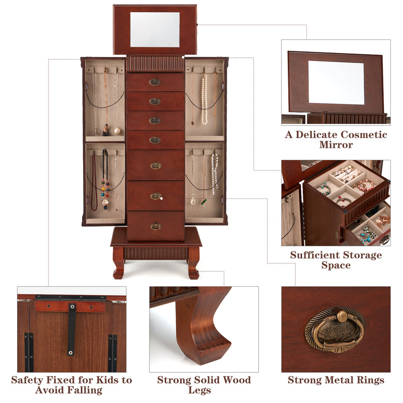 AVAWING Standing Jewelry Cabinet Armoire with Top Flip Mirror, 7 Drawers & 12 Necklace Hooks, Jewelry Box Storage Organizer with 2 Side Swing Doors, Bedroom Jewelry Armoire with Large Storage (Walnut)