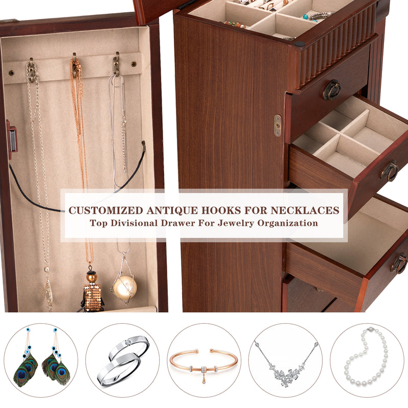 AVAWING Standing Jewelry Cabinet Armoire with Top Flip Mirror, 7 Drawers & 12 Necklace Hooks, Jewelry Box Storage Organizer with 2 Side Swing Doors, Bedroom Jewelry Armoire with Large Storage (Walnut)
