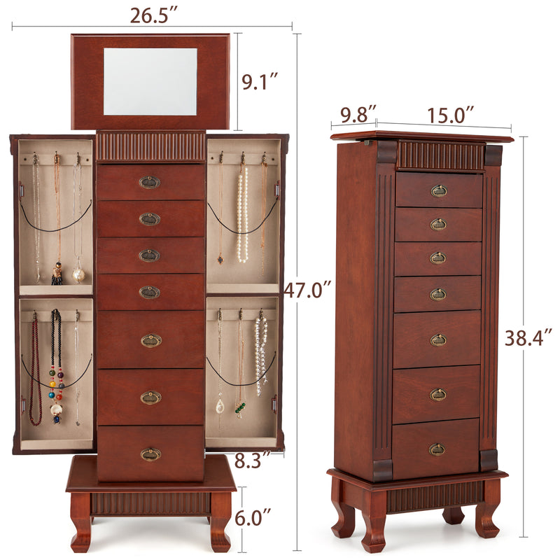 AVAWING Standing Jewelry Cabinet Armoire with Top Flip Mirror, 7 Drawers & 12 Necklace Hooks, Jewelry Box Storage Organizer with 2 Side Swing Doors, Bedroom Jewelry Armoire with Large Storage (Walnut)