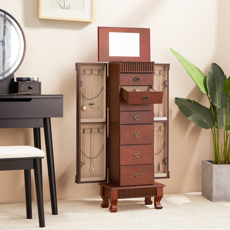 AVAWING Standing Jewelry Cabinet Armoire with Top Flip Mirror, 7 Drawers & 12 Necklace Hooks, Jewelry Box Storage Organizer with 2 Side Swing Doors, Bedroom Jewelry Armoire with Large Storage (Walnut)