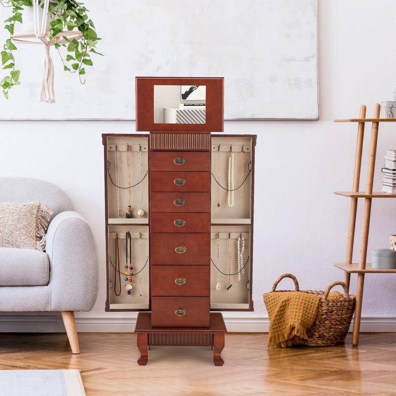 AVAWING Standing Jewelry Cabinet Armoire with Top Flip Mirror, 7 Drawers & 12 Necklace Hooks, Jewelry Box Storage Organizer with 2 Side Swing Doors, Bedroom Jewelry Armoire with Large Storage (Walnut)
