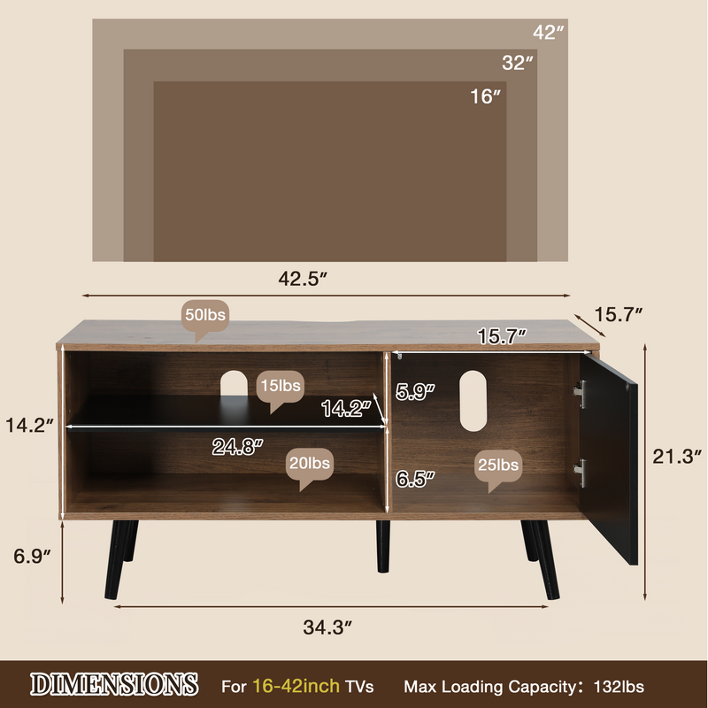 AVAWING Mid-Century Modern TV Stand for 43 Inch TV, TV Media Console with Storage£¦Open Shelf, Entertainment Center for Living Room/Bedroom, Rustic Brown