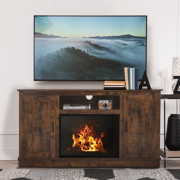 AVAWING Retro Mid-Century Modern TV Stand for 49 Inch TV, Fireplace TV Stand, Media Entertainment Center Console Table with Storage£¦Open Shelf for Living Room/Bedroom, Rustic Brown