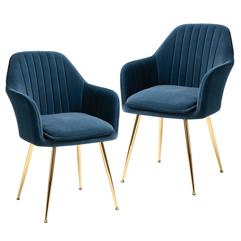 AVAWING Modern Living Dining Room Accent Arm Chairs Set of 2, Velvet Mid-Century Upholstered Seat Club Guest with Golden Legs, Blue