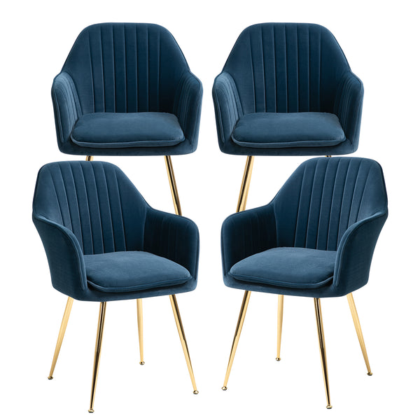AVAWING Accent Arm Chairs Velvet Dining Chairs Set of 4 Upholstered Dining Chairs with Arms Mid Century Modern Dining Chairs with Golden Legs Kitchen Chairs, Blue