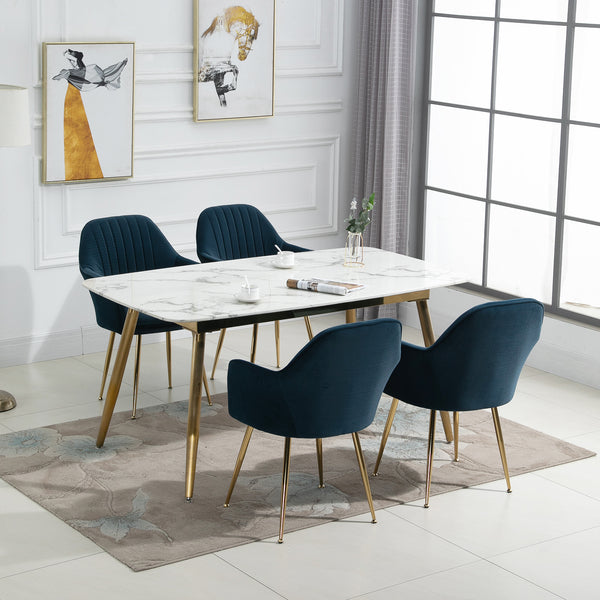 AVAWING Accent Arm Chairs Velvet Dining Chairs Set of 4 Upholstered Dining Chairs with Arms Mid Century Modern Dining Chairs with Golden Legs Kitchen Chairs, Blue
