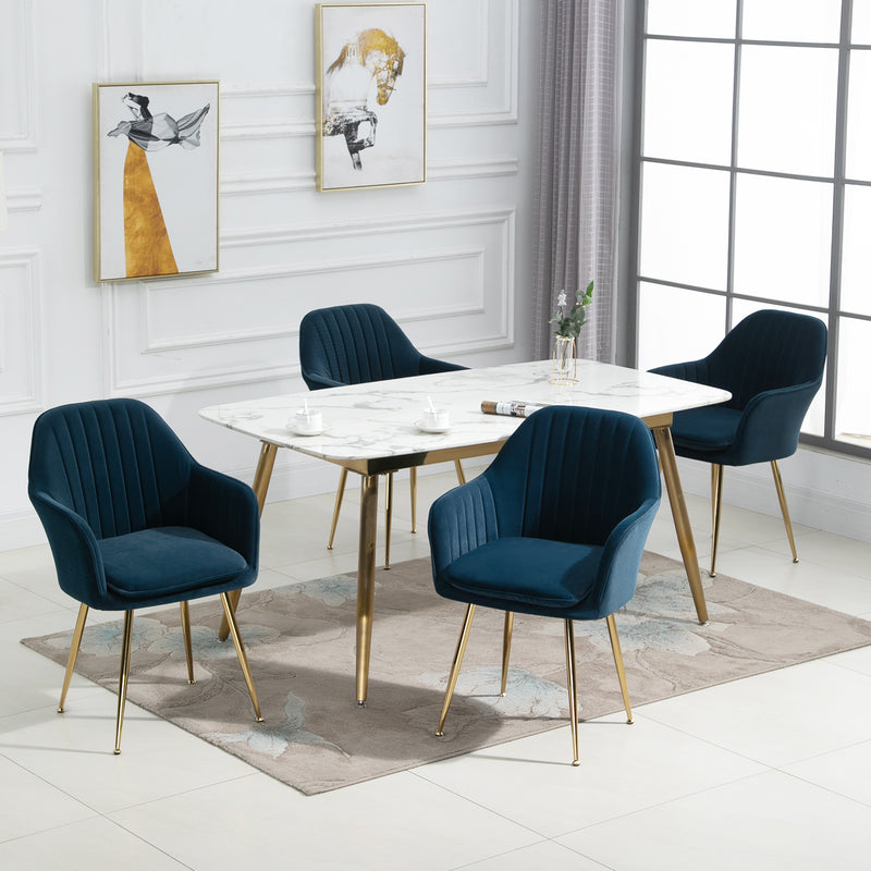AVAWING Accent Arm Chairs Velvet Dining Chairs Set of 4 Upholstered Dining Chairs with Arms Mid Century Modern Dining Chairs with Golden Legs Kitchen Chairs, Blue
