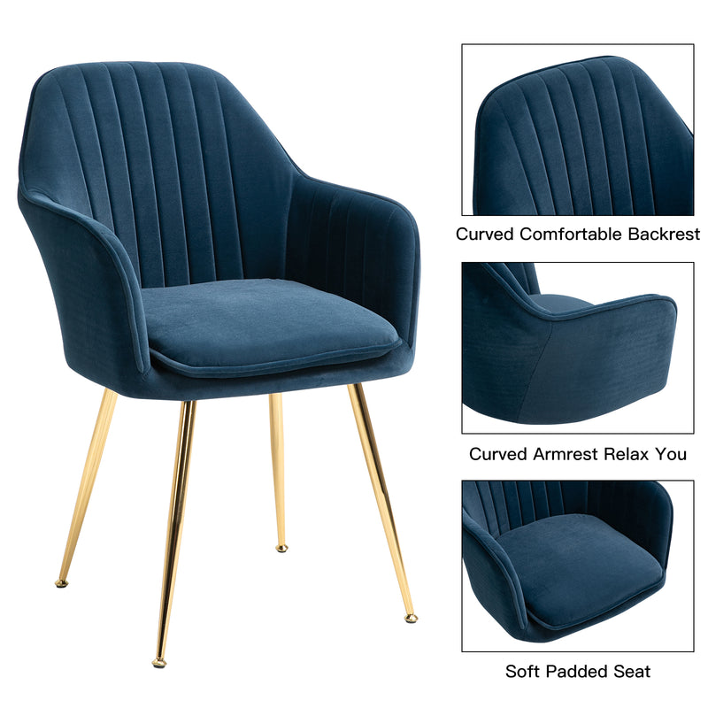 AVAWING Accent Arm Chairs Velvet Dining Chairs Set of 4 Upholstered Dining Chairs with Arms Mid Century Modern Dining Chairs with Golden Legs Kitchen Chairs, Blue