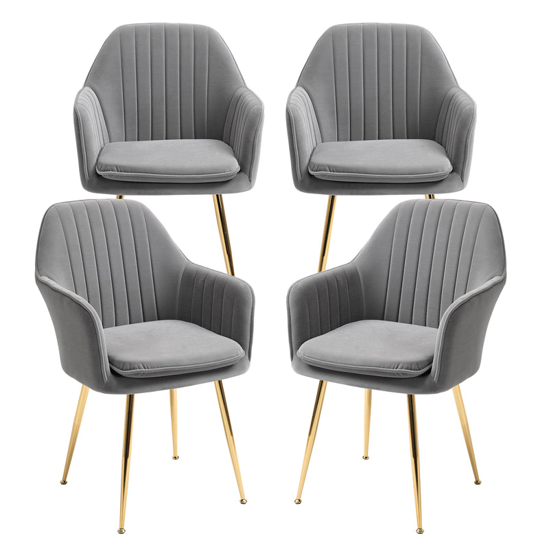 AVAWING Accent Arm Chairs Velvet Dining Chairs Set of 4 Upholstered Dining Chairs with Arms Mid Century Modern Dining Chairs with Golden Legs Kitchen Chairs, Grey
