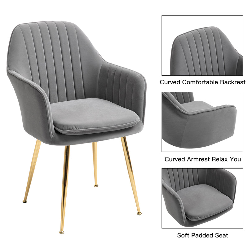 AVAWING Accent Arm Chairs Velvet Dining Chairs Set of 4 Upholstered Dining Chairs with Arms Mid Century Modern Dining Chairs with Golden Legs Kitchen Chairs, Grey