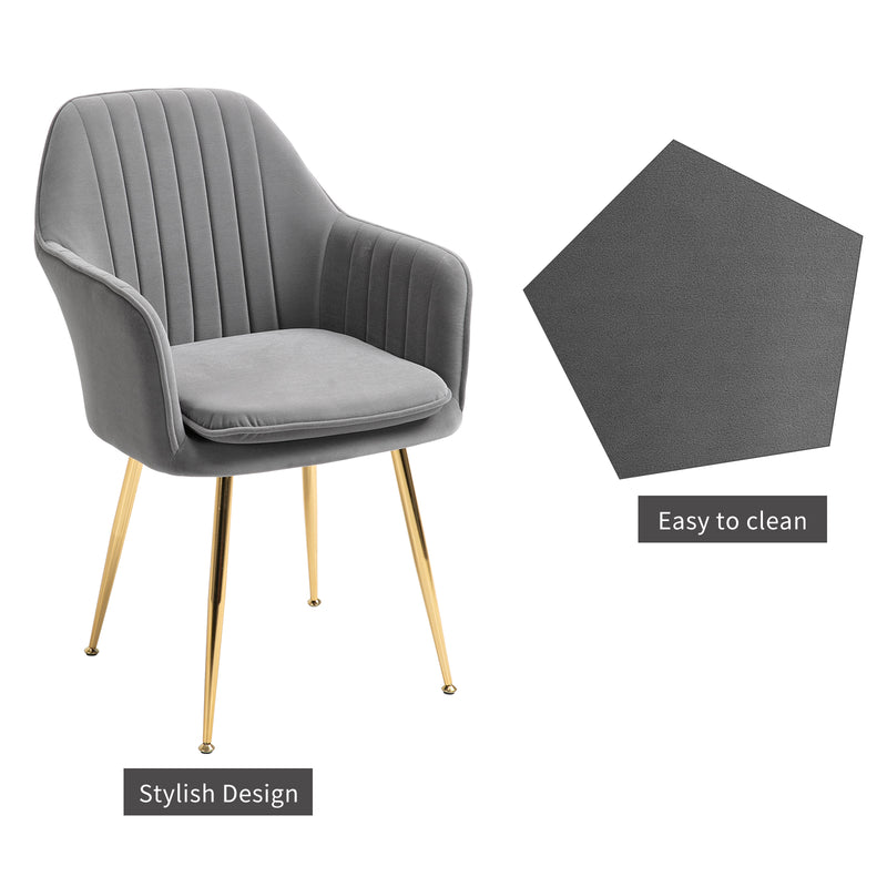 AVAWING Accent Arm Chairs Velvet Dining Chairs Set of 4 Upholstered Dining Chairs with Arms Mid Century Modern Dining Chairs with Golden Legs Kitchen Chairs, Grey