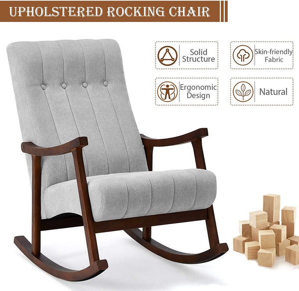 AVAWING Upholstered Rocking Chair with Fabric Padded Seat,Comfortable Rocker Solid Wood for Living Room, Modern High Back Armchair, Adult Single Sofa, Old Man Chair