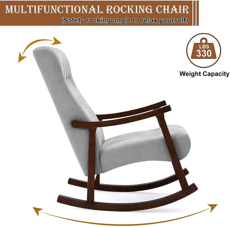 AVAWING Upholstered Rocking Chair with Fabric Padded Seat,Comfortable Rocker Solid Wood for Living Room, Modern High Back Armchair, Adult Single Sofa, Old Man Chair