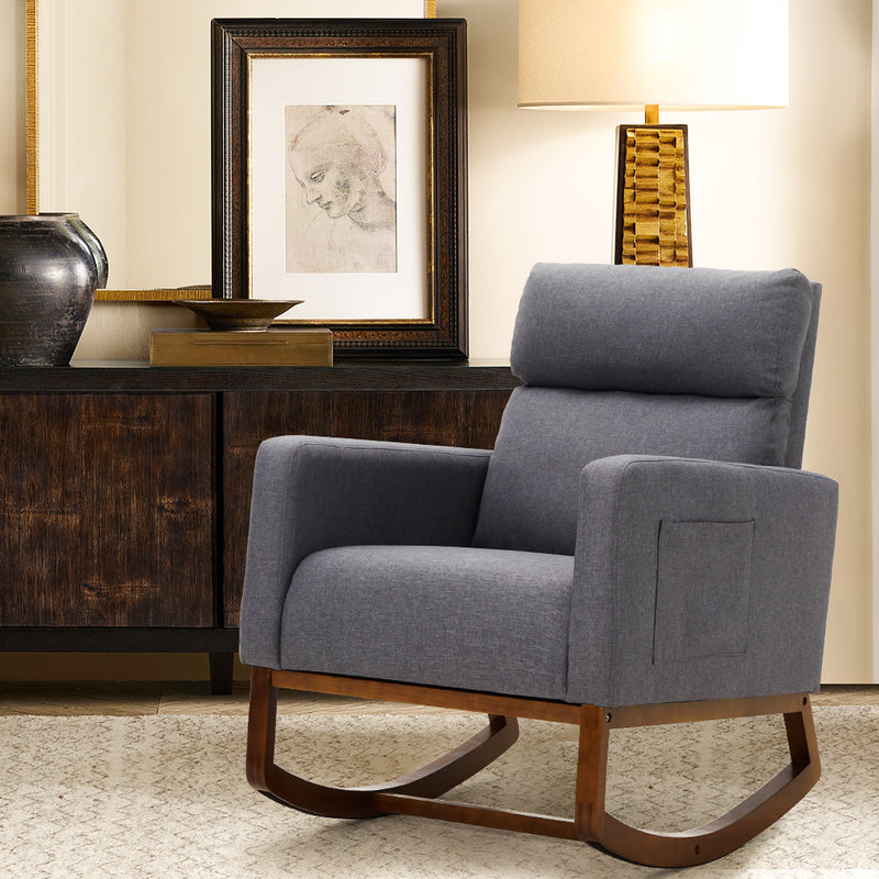 AVAWING Living Room Rocking Chair, Comfortable Rocker Fabric Padded Seat Wood Base,Modern High Back Armchair