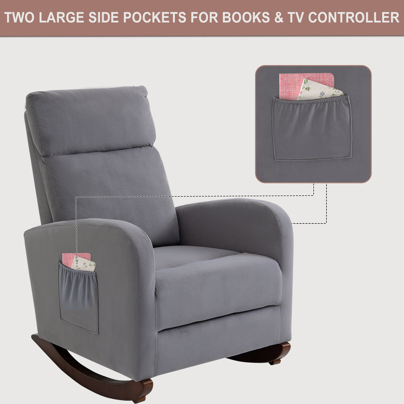 AVAWING Home Rocking Chair, Mid Century Glider Chair Upholstered Frosted Velvet High Back Arm Chair Nursery Rocking Chairs with Solid Legs and Side Pockets (Gray)