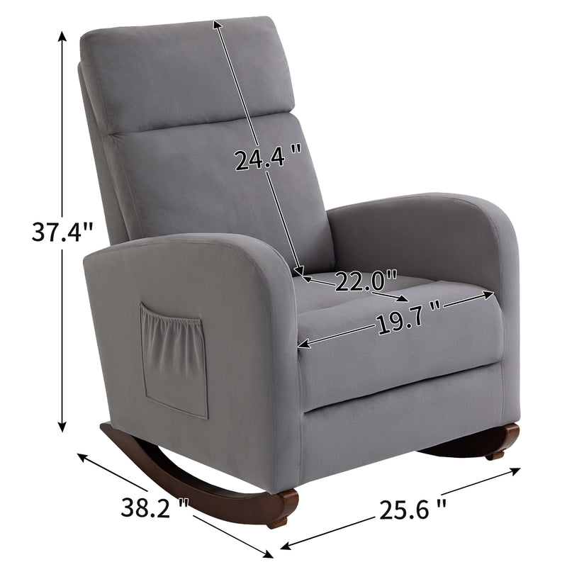 AVAWING Home Rocking Chair, Mid Century Glider Chair Upholstered Frosted Velvet High Back Arm Chair Nursery Rocking Chairs with Solid Legs and Side Pockets (Gray)