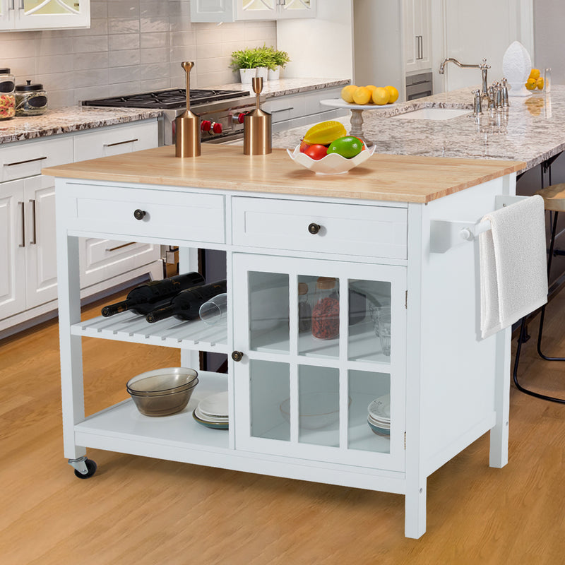 AVAWING Rolling Kitchen Island Cart with Storage, 42 Inch Wood Tabletop Kitchen Cart w/ 2 Wheels, Trolley Cart Utility Glass Cabinet, Towel Rack, Open Display Shelf, White