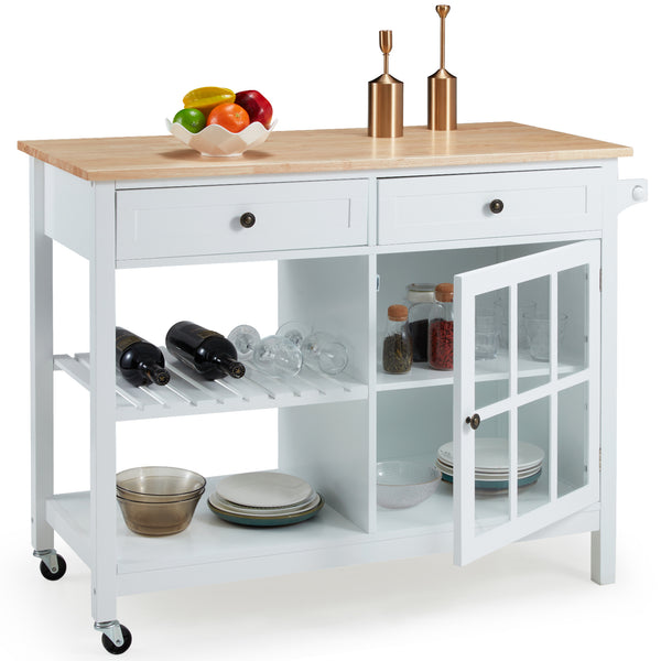 AVAWING Rolling Kitchen Island Cart with Storage, 42 Inch Wood Tabletop Kitchen Cart w/ 2 Wheels, Trolley Cart Utility Glass Cabinet, Towel Rack, Open Display Shelf, White