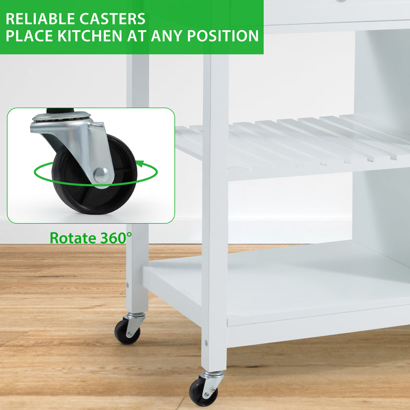 AVAWING Rolling Kitchen Island Cart with Storage, 42 Inch Wood Tabletop Kitchen Cart w/ 2 Wheels, Trolley Cart Utility Glass Cabinet, Towel Rack, Open Display Shelf, White