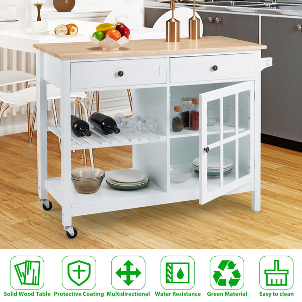AVAWING Rolling Kitchen Island Cart with Storage, 42 Inch Wood Tabletop Kitchen Cart w/ 2 Wheels, Trolley Cart Utility Glass Cabinet, Towel Rack, Open Display Shelf, White