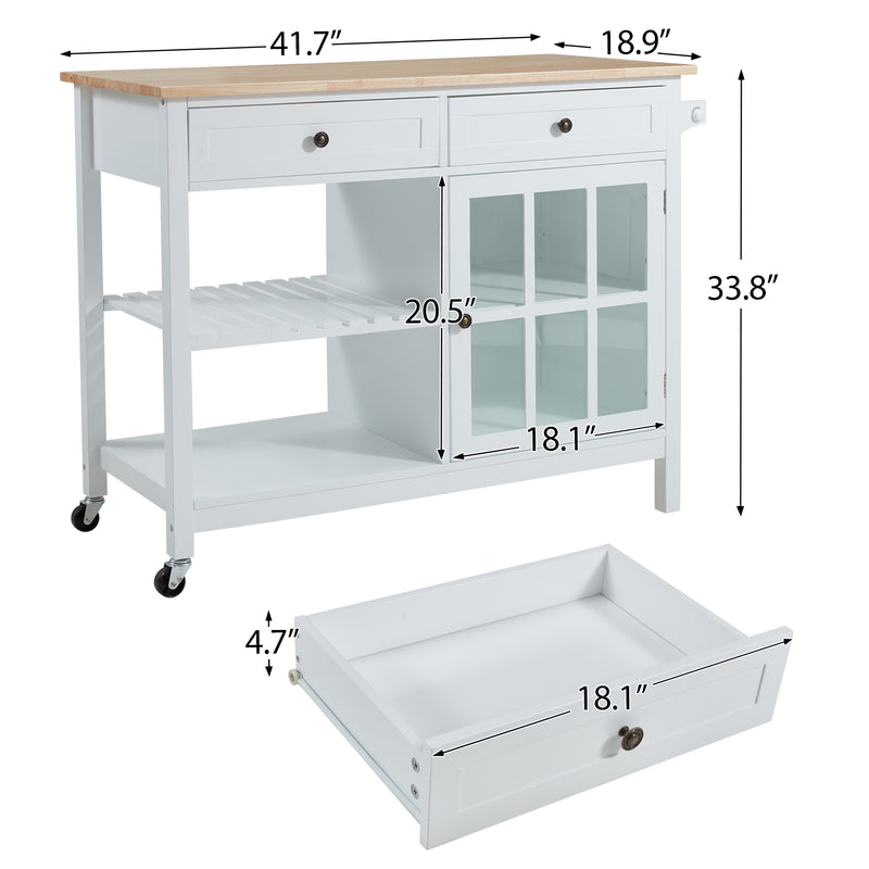 AVAWING Rolling Kitchen Island Cart with Storage, 42 Inch Wood Tabletop Kitchen Cart w/ 2 Wheels, Trolley Cart Utility Glass Cabinet, Towel Rack, Open Display Shelf, White