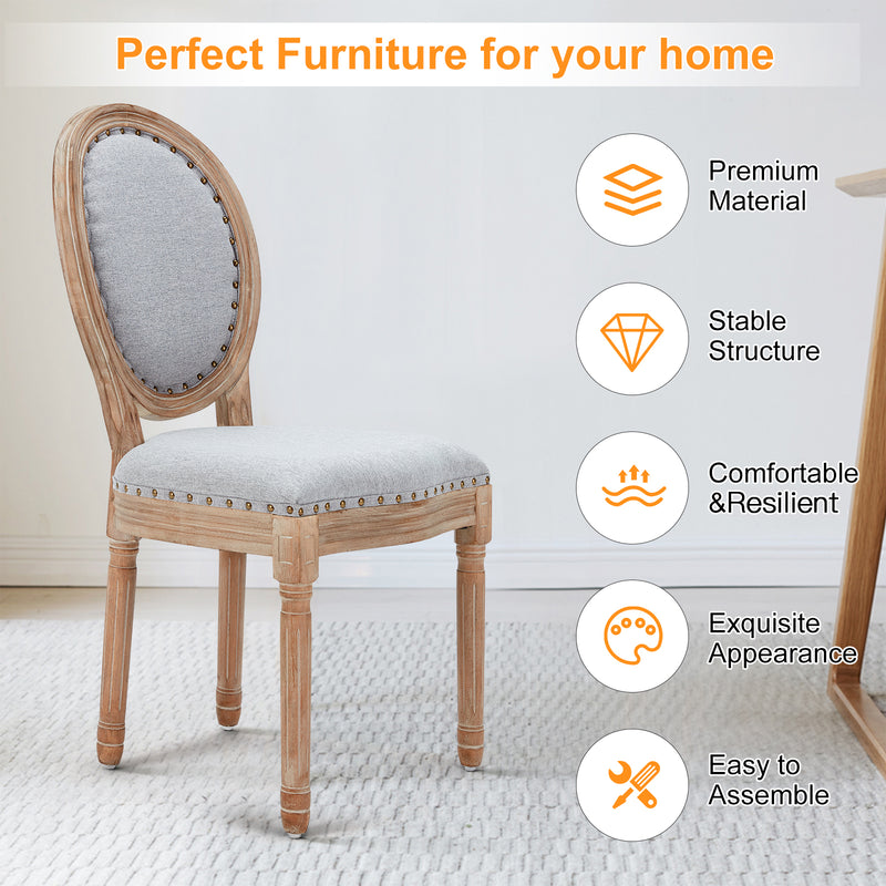 AVAWING French Country Dining Chairs Set of 4, Farmhouse Fabric Dining Room Chairs Vintage Chair with Round Back, Solid Wood Legs Kitchen Chair for Dining Room/Living Room/Kitchen/Restaurant, Grey