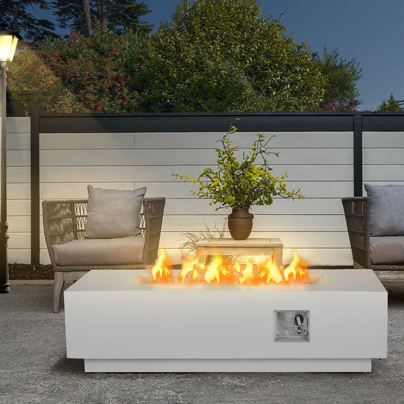 AVAWING 2-Piece 56" Outdoor Rectangle Propane Fire Pit Table with Tank Holder, 50,000 BTU Concrete Fire Table with Weather-Resistant Pit Cover, Auto-Ignition, Free Lava Rocks, Fits 20lb Tank, Gray