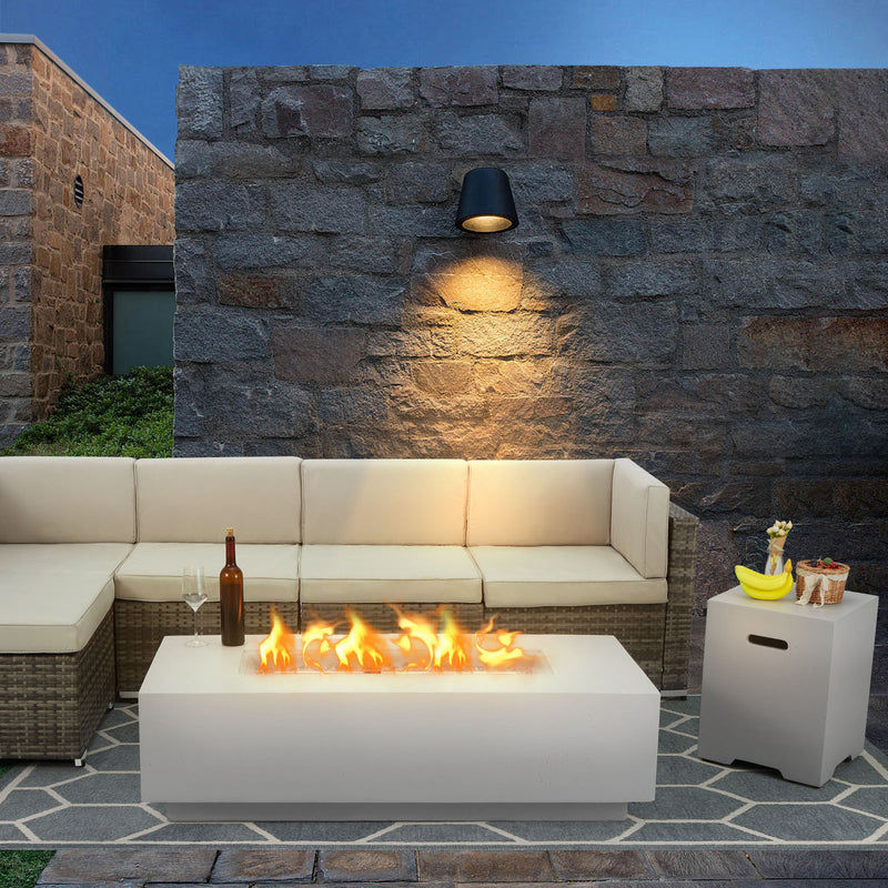 AVAWING 2-Piece 56" Outdoor Rectangle Propane Fire Pit Table with Tank Holder, 50,000 BTU Concrete Fire Table with Weather-Resistant Pit Cover, Auto-Ignition, Free Lava Rocks, Fits 20lb Tank, Gray