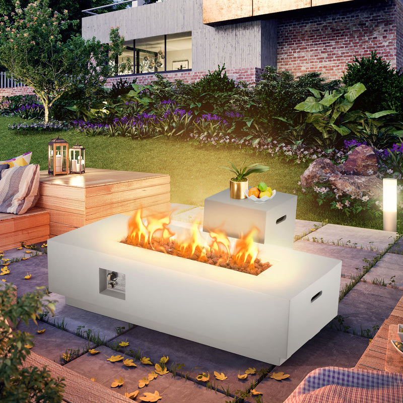 AVAWING 2-Piece 56" Outdoor Rectangle Propane Fire Pit Table with Tank Holder, 50,000 BTU Concrete Fire Table with Weather-Resistant Pit Cover, Auto-Ignition, Free Lava Rocks, Fits 20lb Tank, Gray