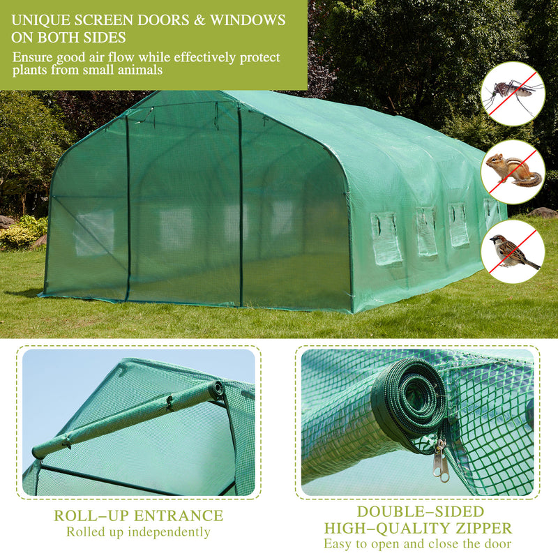 AVAWING Large Outdoor Greenhouse, 20x10x7 ft Walk in Greenhouse Tunnel with Heavy Duty Galvanized Steel Frame, Zippered Door & 8 Roll-up Windows Green Houses for Outside Garden Plant, Green