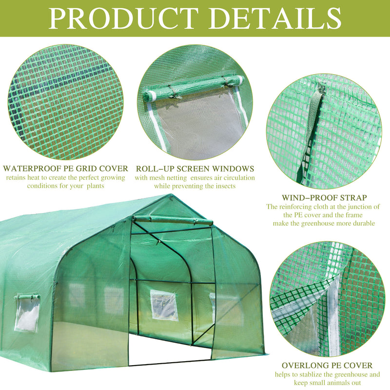 AVAWING Large Outdoor Greenhouse, 20x10x7 ft Walk in Greenhouse Tunnel with Heavy Duty Galvanized Steel Frame, Zippered Door & 8 Roll-up Windows Green Houses for Outside Garden Plant, Green