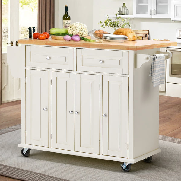 AVAWING Rolling Kitchen Island Cart with Storage, Kitchen Cart with Drop-Leaf Rubber Wood Tabletop, Lockable Wheels, Trolley Cart Utility Cabinet, Towel Rack, Spice Rack Off-White