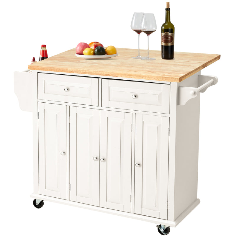 AVAWING Rolling Kitchen Island Cart with Storage, Kitchen Cart with Drop-Leaf Rubber Wood Tabletop, Lockable Wheels, Trolley Cart Utility Cabinet, Towel Rack, Spice Rack Off-White