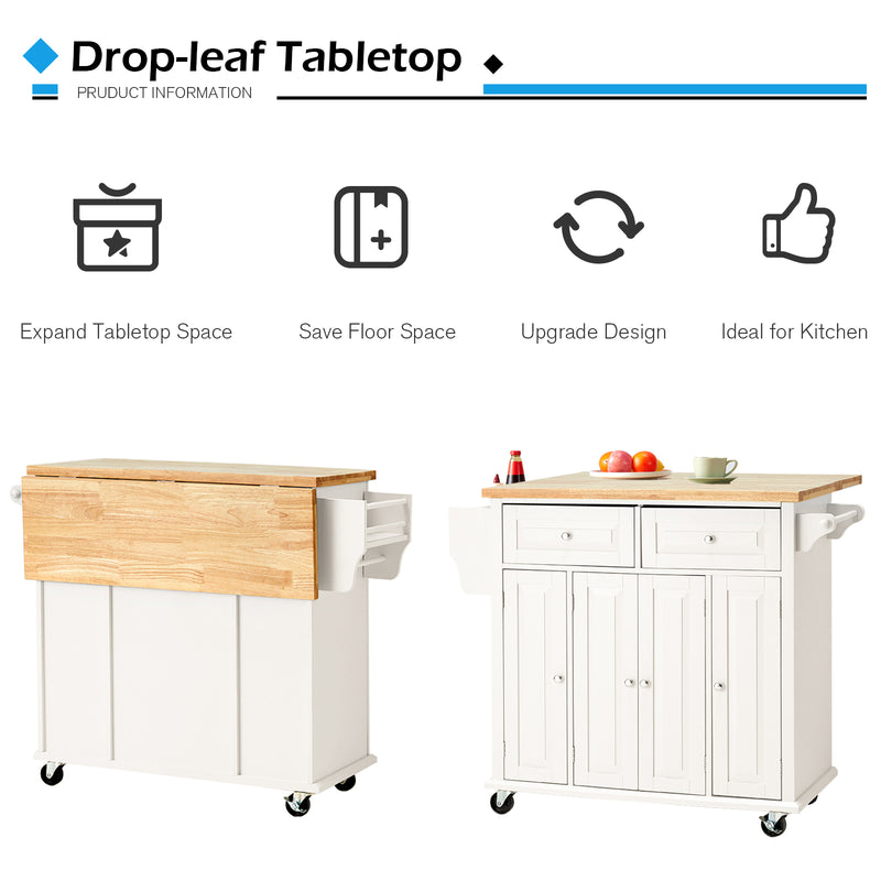 AVAWING Rolling Kitchen Island Cart with Storage, Kitchen Cart with Drop-Leaf Rubber Wood Tabletop, Lockable Wheels, Trolley Cart Utility Cabinet, Towel Rack, Spice Rack Off-White