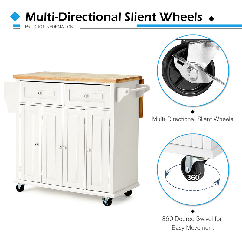 AVAWING Rolling Kitchen Island Cart with Storage, Kitchen Cart with Drop-Leaf Rubber Wood Tabletop, Lockable Wheels, Trolley Cart Utility Cabinet, Towel Rack, Spice Rack Off-White